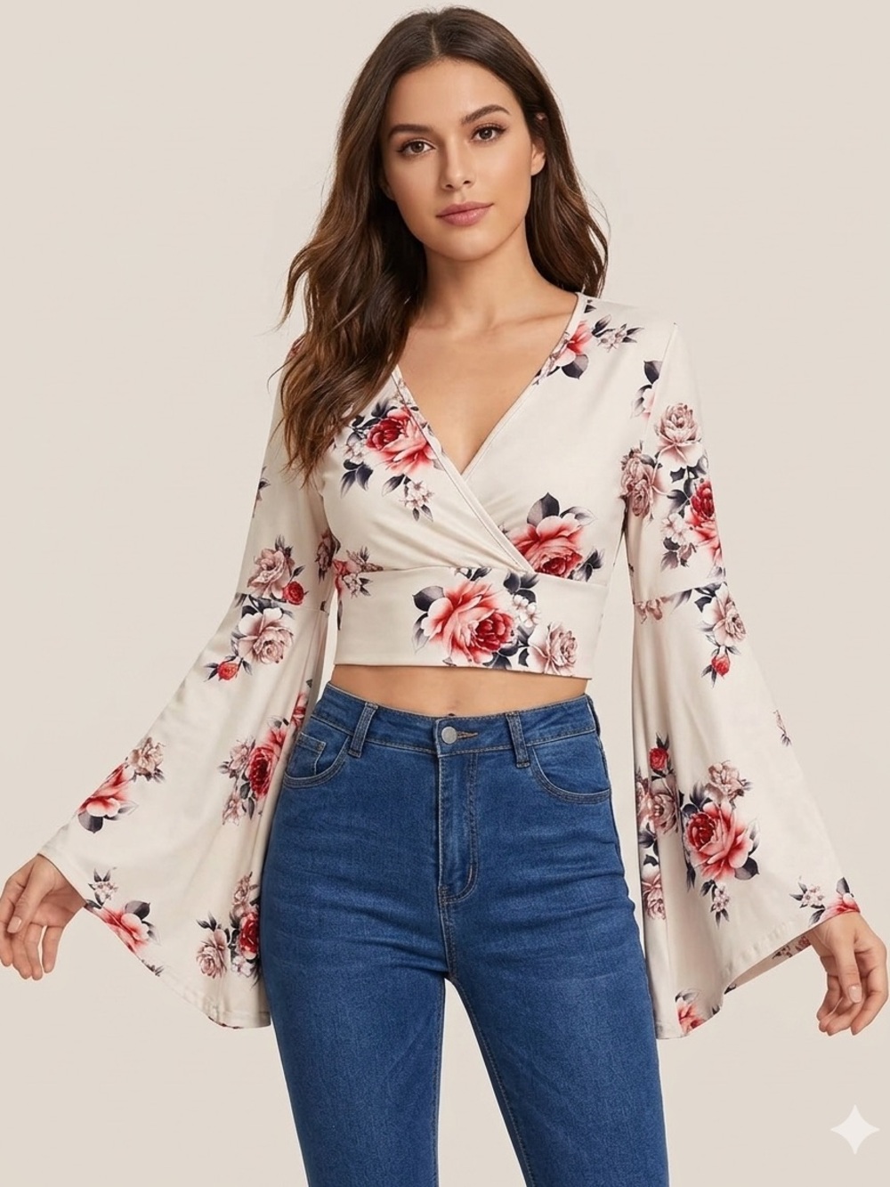 Floral Surplice V-Neck Wrap Crop Top with Long Bell Sleeve